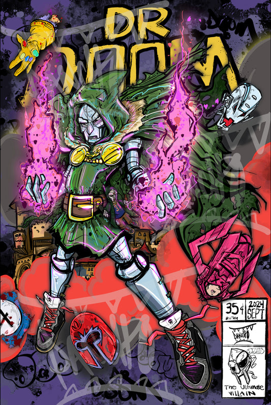 The Ultimate Villain with a Tribute to MF DOOM
This art print captures the essence of Doomsday as the ultimate villain—even to other villains. In this powerful tribute to MF DOOM, Doomsday is depicted triumphantly taking down some of Marvel’s most iconic antagonists, including Thanos, Galactus, Ultron, and Magneto. Not only does he dominate the greatest villains, but he also faces off against his long-time adversaries, the Fantastic Four.
This piece blends epic storytelling with a nod to one of the greate