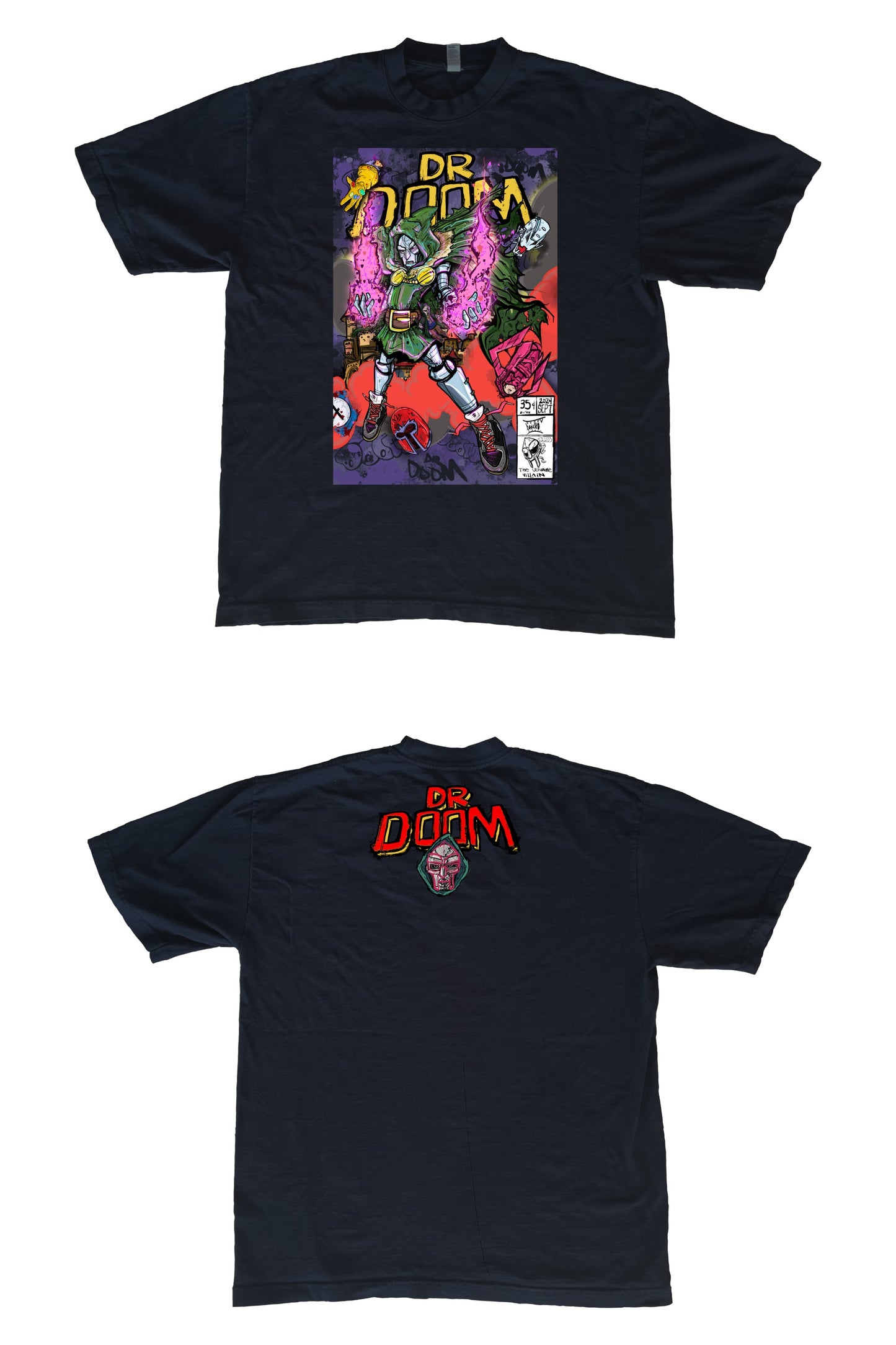 The Ultimate Villain with a Tribute to MF DOOM
This T-shirt captures the essence of Doomsday as the ultimate villain—even to other villains. In this powerful tribute to MF DOOM, Doomsday is depicted triumphantly taking down some of Marvel’s most iconic antagonists, including Thanos, Galactus, Ultron, and Magneto. Not only does he dominate the greatest villains, but he also faces off against his long-time adversaries, the Fantastic Four.
This piece blends epic storytelling with a nod to one of the greatest