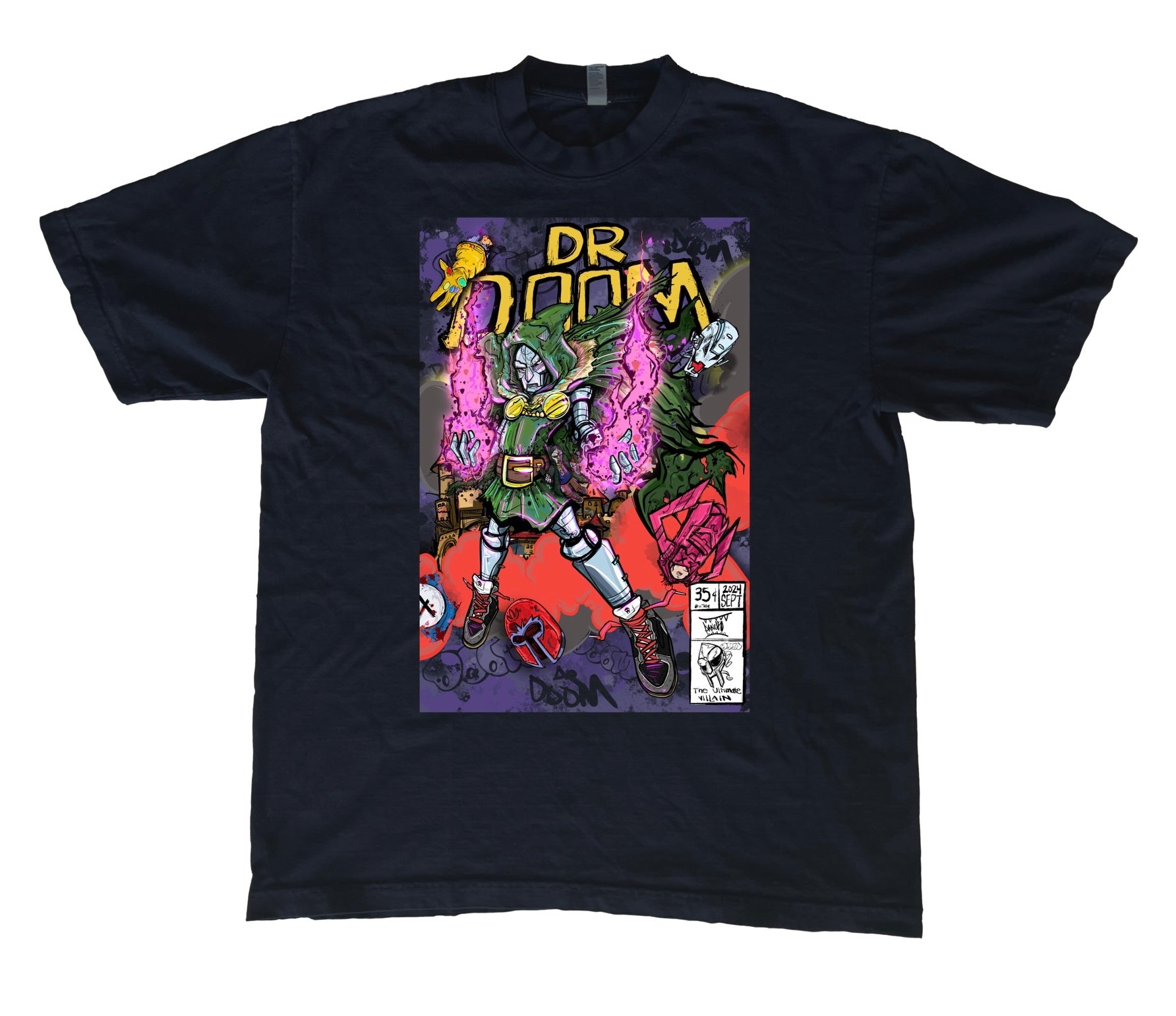 The Ultimate Villain with a Tribute to MF DOOM
This T-shirt captures the essence of Doomsday as the ultimate villain—even to other villains. In this powerful tribute to MF DOOM, Doomsday is depicted triumphantly taking down some of Marvel’s most iconic antagonists, including Thanos, Galactus, Ultron, and Magneto. Not only does he dominate the greatest villains, but he also faces off against his long-time adversaries, the Fantastic Four.
This piece blends epic storytelling with a nod to one of the greatest