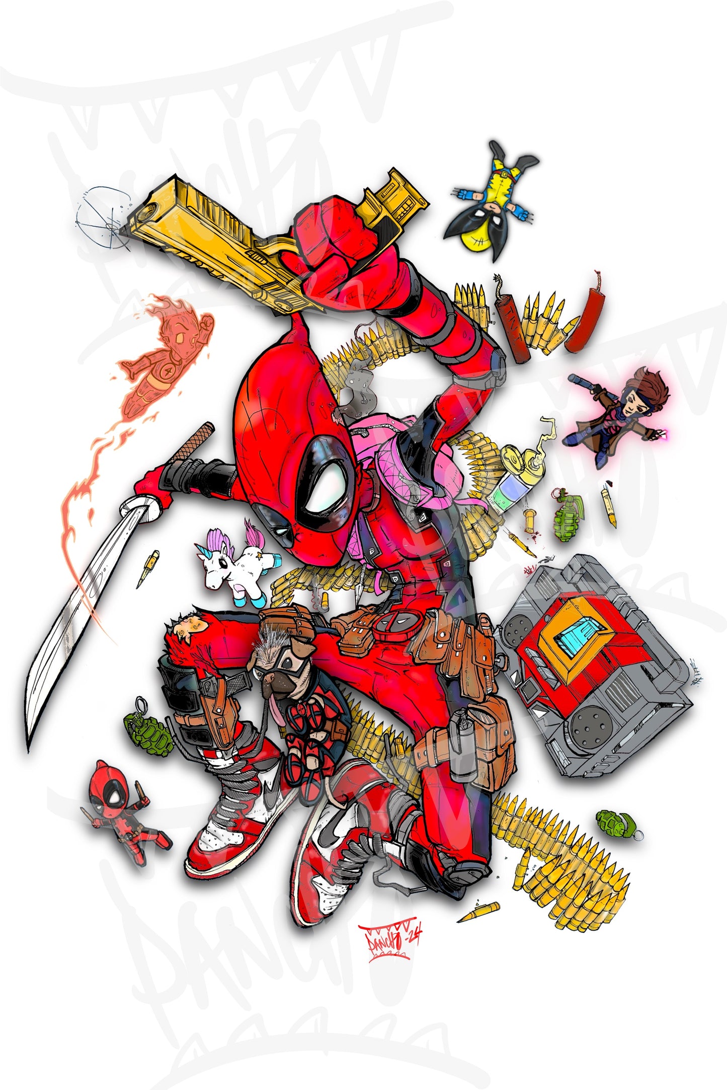 Revamped the first Deadpool design and tribute to the movie "Deadpool & Wolverine". This is a must-have for collectors and Marvel enthusiasts alike. Don’t miss your chance to own this epic duo art piece. Please also check Wolverine Print available separately. Size: 11”x 17” Medium: High-quality shimmer print on premium lithograph paper *Please allow 2-3 weeks for all shipping orders. *ALL SALE FINALS.