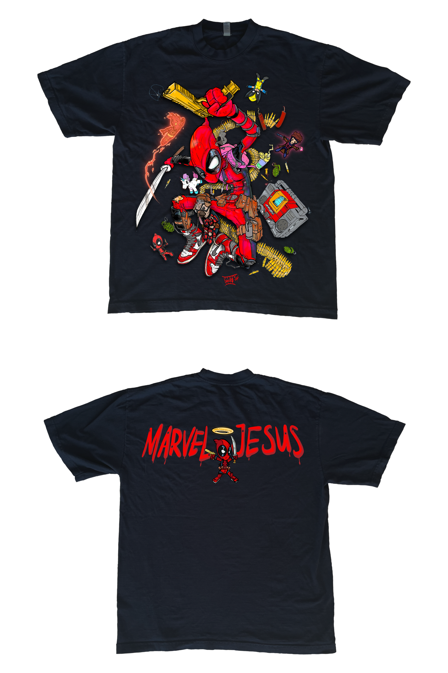 Revamped the first Deadpool design and tribute to the movie "Deadpool & Wolverine". This is a must-have for collectors and Marvel enthusiasts alike. Don’t miss your chance to own this epic art piece in wearable tribute. Please also check Wolverine T-shirt available separately. Material: Soft, breathable 100% cotton Fit: Available in S - 4XL, unisex fit Care: Machine washable for easy maintenance *Please allow 2-3 weeks for all shipping orders. *ALL SALE FINALS.