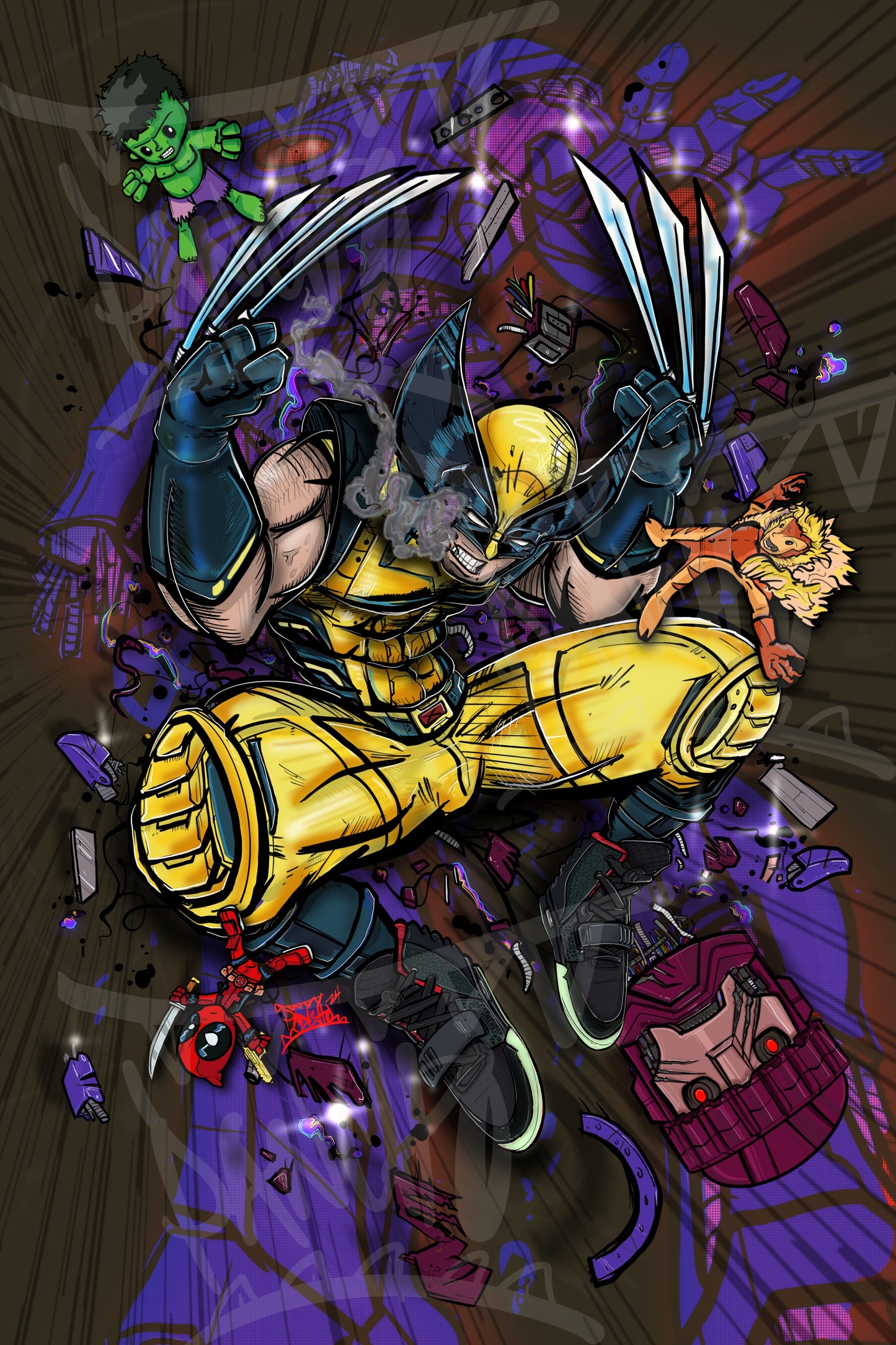 Tribute to the movie "Deadpool & Wolverine" If you're a fan of the savage Wolverine, this is a must-have for collectors and Marvel enthusiasts alike. Don’t miss your chance to own this epic art piece. Please also check Deadpool print available separately. Size: 11”x 17” Medium: High-quality shimmer print on premium lithograph paper *Please allow 2-3 weeks for all shipping orders. *ALL SALE FINALS.