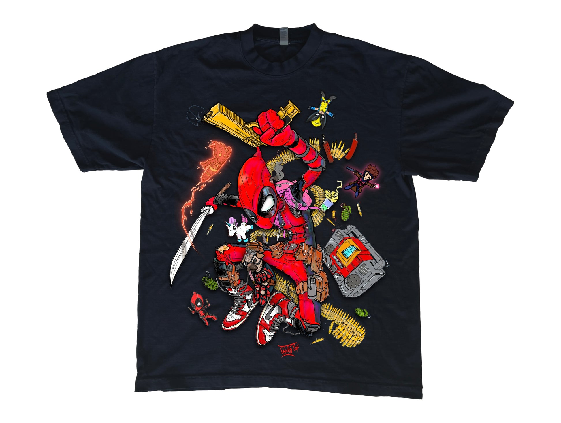 Revamped the first Deadpool design and tribute to the movie "Deadpool &amp; Wolverine". This is a must-have for collectors and Marvel enthusiasts alike. Don’t miss your chance to own this epic art piece in wearable tribute. Please also check Wolverine T-shirt available separately.  Material: Soft, breathable 100% cotton  Fit: Available in S - 4XL, unisex fit  Care: Machine washable for easy maintenance  *Please allow 2-3 weeks for all shipping orders.  *ALL SALE FINALS.